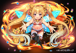 Rule 34 | 1girl, absurdres, animal, animal ear fluff, animal ears, bad hands, bare arms, bare shoulders, bell, bikini, black thighhighs, blonde hair, blue wings, breasts, buta tamako, cape, character request, collar, commentary request, copyright notice, detached collar, fairy wings, fire, full body, fur-trimmed legwear, fur-trimmed skirt, fur trim, hair between eyes, high heels, highres, jingle bell, long hair, miniskirt, navel, official art, otogi frontier, outstretched arms, pacifier, plaid, plaid bikini, plaid collar, plaid skirt, pleated skirt, red bikini, red cape, red collar, red eyes, red footwear, red skirt, shoes, single shoe, skirt, small breasts, solo, swimsuit, thighhighs, twintails, unworn shoe, unworn shoes, very long hair, watermark, wings