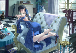 Rule 34 | 1girl, absurdres, animal, arm support, armchair, ass, back cutout, backless outfit, bare legs, bare shoulders, barefoot, bed, black cat, black hair, blue dress, blue eyes, blue footwear, blue ribbon, blunt bangs, book, breasts, cake, cat, chair, checkered floor, closed mouth, clothing cutout, couch, cup, curtains, dress, feet, feet up, flower, food, frilled dress, frills, full body, hair ornament, hair ribbon, high heels, highres, holding, indoors, jewelry, large breasts, legs, long dress, long hair, looking at viewer, lying, no bra, on couch, on stomach, original, own hands together, pantyhose, parted lips, pillow, plant, ponytail, potted plant, ribbon, shoe dangle, shoes, shoulder cutout, sideboob, sidelocks, single shoe, sitting, sleeveless, sleeveless dress, smile, soles, solo, table, tea, teacup, teapot, toes, tooku0, unworn footwear, unworn shoes, vase, white pantyhose, window