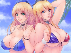 Rule 34 | 10s, 2girls, alva, american flag bikini, arm up, atago (kancolle), bare shoulders, bikini, blonde hair, blue bikini, blue eyes, blue sky, breasts, choker, cleavage, day, flag print, green eyes, highres, iowa (kancolle), kantai collection, large breasts, lips, long hair, looking at viewer, multiple girls, palm tree, parted lips, sky, smile, star-shaped pupils, star (symbol), swimsuit, symbol-shaped pupils, tree, underboob, upper body