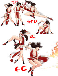 Rule 34 | 1girl, ass, breasts, brown hair, cleavage, elbowing, flying kick, folding fan, gameplay mechanics, hand fan, highres, kicking, long hair, ponytail, revealing clothes, shiranui mai, some1else45, the king of fighters