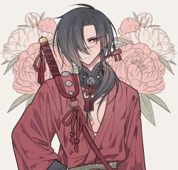 Rule 34 | 1boy, absurdres, bishounen, black hair, closed mouth, dramatical murder, floral background, flower, hair over one eye, highres, japanese clothes, katana, kimono, koujaku, long hair, long sleeves, looking at viewer, low ponytail, male focus, meremero, pectorals, red eyes, red flower, red kimono, red ribbon, ribbon, scar, scar on face, sheath, solo, sword, tassel, upper body, weapon, weapon on back