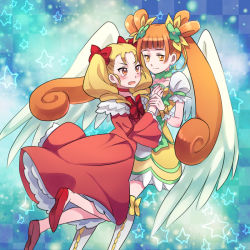 Rule 34 | 2girls, :o, angel wings, blonde hair, blue background, boots, bow, brooch, brown eyes, brown hair, checkered background, choker, cure rosetta, curly hair, dokidoki! precure, double bun, dress, flower, frills, hair bun, hair flower, hair ornament, hair ribbon, heart, heart brooch, hirounp, itsutsuboshi reina, knee boots, long hair, magical girl, multiple girls, orange eyes, precure, puffy sleeves, red dress, ribbon, shoes, short hair, skirt, smile, star (symbol), starry background, twintails, white wings, wings, wrist cuffs, yotsuba alice, yuri