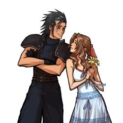 Rule 34 | 1boy, 1girl, aerith gainsborough, armor, baggy pants, bare arms, bare shoulders, belt, black gloves, black hair, blue eyes, brown hair, classystaches, commentary, couple, cowboy shot, crisis core final fantasy vii, crossed arms, dress, english commentary, eye contact, final fantasy, final fantasy vii, flower, gloves, hair ribbon, hair slicked back, height difference, holding, holding flower, long hair, looking at another, multiple belts, pants, parted bangs, parted lips, pink ribbon, profile, ribbon, shoulder armor, sidelocks, sleeveless, sleeveless dress, sleeveless turtleneck, smile, spiked hair, sweater, turtleneck, turtleneck sweater, twitter username, white background, yellow flower, zack fair