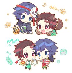 Rule 34 | 2boys, :&lt;, alternate costume, animal ears, animal hands, apron, blue eyes, blue hair, blush, brown hair, checkered clothes, checkered neckwear, chibi, closed mouth, collar, cup, earrings, fangs, food, food on face, gloves, halloween, highres, holding, holding food, holding weapon, jack-o&#039;-lantern, japanese clothes, jewelry, kamado tanjirou, kimetsu no yaiba, long hair, male focus, multiple boys, multiple views, omelet, omurice, open mouth, paw gloves, ponytail, red eyes, red neckwear, scar, scar on face, scar on forehead, scythe, shirt, simple background, skull, sparkle, spiked collar, spikes, tail, tomioka giyuu, usu32, waist apron, weapon, white background
