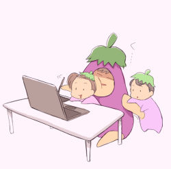 Rule 34 | 1girl, 2boys, artist self-insert, brother and sister, brown hair, computer, copyright request, cosplay, desk, eggplant, eggplant cosplay, father and daughter, father and son, hataraki ari, laptop, multiple boys, siblings, stylus, tablet