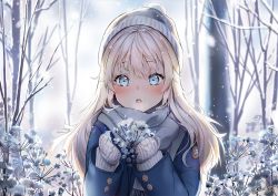 Rule 34 | 1girl, :o, bare tree, beanie, blonde hair, blue eyes, blue jacket, blue scarf, blush, breath, commentary, day, english commentary, finnish flag, grey hat, hair between eyes, hands up, hat, holding, jacket, long hair, long sleeves, mittens, original, outdoors, parted lips, scarf, snow, snowing, solo, sunako (veera), teeth, tree, twitter username, upper body, upper teeth only, white mittens, winter