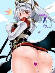 Rule 34 | 10s, 1girl, :o, ass, breasts, censored, covered erect nipples, granblue fantasy, heart, heart censor, katuu, large breasts, long hair, looking at viewer, looking back, no panties, open mouth, silver hair, simple background, solo, sophia (granblue fantasy), surprised, sweat, thighs