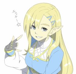 Rule 34 | 1girl, alternate hairstyle, artist request, blonde hair, blue eyes, breasts, hair behind ear, hair ornament, long hair, looking at viewer, nintendo, pointy ears, princess zelda, simple background, smile, solo, source request, the legend of zelda, the legend of zelda: breath of the wild, translation request, white background