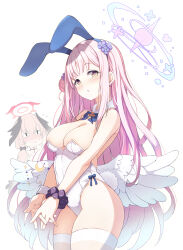 Rule 34 | 2girls, angel wings, animal ears, black wings, blue archive, blush, breasts, cleavage, closed mouth, fake animal ears, feathered wings, hair bun, halo, head wings, highres, koharu (blue archive), large breasts, leotard, long hair, low twintails, mika (blue archive), multiple girls, pink hair, pink halo, purple scrunchie, rabbit ears, red halo, scrunchie, simple background, single side bun, smile, strapless, strapless leotard, tatsuhiko, thighhighs, twintails, white background, white leotard, white thighhighs, white wings, wings, wrist scrunchie, yellow eyes