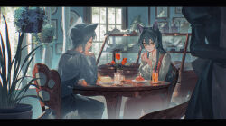 Rule 34 | 1boy, 1girl, animal ears, aqua hair, black hair, blue shirt, blush, cafe, cake, cake slice, cat, cat boy, cat ears, cat girl, cat tail, chair, closed eyes, cup, curtains, dappled sunlight, display, display case, door, drawing (object), drink, eating, flower, food, fork, green eyes, hair between eyes, hand on own chin, highres, holding, holding cup, holding fork, itou (very ito), long hair, maid, open door, open mouth, original, own hands together, picture frame, plant, plate, plate stack, potted plant, puffy sleeves, red flower, red rose, rose, shirt, short hair, sitting, smile, sunlight, table, tail, vase, white shirt, window