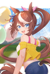 Rule 34 | 1girl, alternate costume, animal ears, ass, balloon, blue eyes, blurry, blurry background, breasts, brown hair, casual, commentary request, ferris wheel, hair between eyes, hair ornament, highres, horse girl, kenshin1015, looking at viewer, open mouth, ponytail, shorts, small breasts, solo, tokai teio (umamusume), umamusume