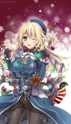Rule 34 | 10s, 1girl, ;d, atago (kancolle), ball, bankoku ayuya, black gloves, black pantyhose, blonde hair, blush, breasts, christmas, christmas lights, christmas ornaments, christmas stocking, gloves, green eyes, hat, kantai collection, large breasts, lights, long hair, md5 mismatch, military, military uniform, one eye closed, open mouth, pantyhose, personification, resolution mismatch, ribbon, skirt, smile, socks, solo, star (symbol), uniform