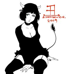 Rule 34 | 00s, 1girl, 2009, animal ears, breasts, cleavage, cow ears, cow girl, cow tail, garter straps, green eyes, horns, large breasts, monochrome, new year, null (chronix), original, sitting, solo, spot color, tail, thighhighs