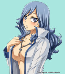 Rule 34 | 1girl, arya-aiedail, blue background, blue eyes, blue hair, blush, breasts, chain, cleavage, fairy tail, hair between eyes, jacket, jewelry, juvia lockser, large breasts, long hair, long sleeves, looking at viewer, necklace, open clothes, open jacket, parted lips, simple background, solo, upper body, white jacket