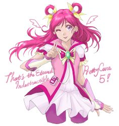 Rule 34 | 1girl, ;d, cowboy shot, cure dream, english text, hair ribbon, hair rings, highres, long hair, looking at viewer, magical girl, one eye closed, open mouth, pink hair, precure, purple eyes, ribbon, simple background, smile, solo, sozan, v, white background, yellow ribbon, yes! precure 5, yes! precure 5 gogo!, yumehara nozomi