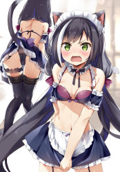 Rule 34 | 1girl, alternate costume, animal ear fluff, animal ears, apron, ass, bikini, bikini under clothes, black bikini, black bow, black hair, black skirt, black sleeves, black thighhighs, blurry, blurry background, blush, bow, breasts, brooch, brown bow, cameltoe, cat ears, cat girl, cat tail, commentary request, covering crotch, covering privates, depth of field, detached sleeves, fang, frilled apron, frilled skirt, frills, garter straps, green eyes, hair bow, inconvenient tail, jewelry, karyl (princess connect!), karyl (summer) (princess connect!), lace, lace-trimmed legwear, lace trim, long hair, looking at viewer, low twintails, maid headdress, medium breasts, multicolored hair, multiple views, natsume eri, navel, open mouth, panties, princess connect!, puffy short sleeves, puffy sleeves, purple bow, short sleeves, skirt, skirt tug, streaked hair, sweat, swimsuit, tail, thighhighs, twintails, underwear, v-shaped eyebrows, very long hair, waist apron, white apron, white hair