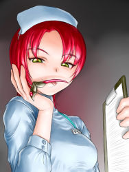Rule 34 | 00s, 1girl, ^jj^, breasts, claws, clipboard, licking finger, green eyes, grin, hat, licking, medium breasts, my-hime, name tag, nurse, nurse cap, red hair, smile, solo, tongue, yuuki nao