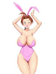 Rule 34 | 1girl, alternate breast size, arms up, bare legs, bare shoulders, breasts, brown eyes, brown hair, cleavage, covered navel, creatures (company), curvy, delia ketchum, game freak, highleg, highleg leotard, highres, large breasts, leotard, long hair, looking at viewer, low ponytail, mangakay84, mature female, nintendo, one eye closed, open mouth, playboy bunny, pokemon, pokemon (anime), pokemon (classic anime), ponytail, rabbit ears, rabbit pose, shiny skin, simple background, skindentation, smile, solo, standing, thighs, white background, wide hips, wink