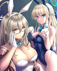 Rule 34 | 2girls, adjusting eyewear, akane (blue archive), akane (bunny) (blue archive), animal ears, backless outfit, bare shoulders, blue archive, blue bow, blue bowtie, blue eyes, bow, bowtie, braid, breasts, brown eyes, brown hair, commentary request, detached collar, earpiece, earrings, fake animal ears, fake tail, french braid, glasses, gloves, groin, hair between eyes, hair down, halo, highleg, highleg leotard, highres, jewelry, large breasts, leotard, light brown hair, long hair, looking at viewer, medium breasts, multicolored hair, multiple girls, official alternate costume, official alternate hairstyle, plaid shawl, playboy bunny, rabbit ears, rabbit pose, rabbit tail, shawl, sidelocks, simple background, smile, strapless, strapless leotard, streaked hair, substance20, tail, toki (blue archive), toki (bunny) (blue archive), two-tone hair, white gloves, white leotard, wrist cuffs