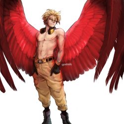 Rule 34 | 1boy, abs, artist name, barbell piercing, belt, black footwear, black gloves, black socks, blonde hair, boku no hero academia, boots, brown pants, commentary, ear piercing, english commentary, facial hair, feathered wings, feet out of frame, gloves, hands in pockets, hawks (boku no hero academia), headphones, headphones around neck, highres, industrial piercing, large wings, looking at viewer, looking to the side, male focus, navel, nipples, pants, piercing, red wings, short hair, simple background, socks, solo, spindahs, stubble, toned, toned male, topless male, white background, wings, yellow eyes