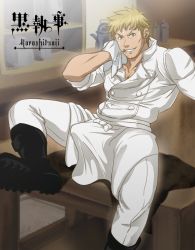 Rule 34 | 1boy, aizenhower, bardroy, blonde hair, blue eyes, boots, bulge, erection, erection under clothes, facial hair, kitchen, kuroshitsuji, looking at viewer, male focus, muscular, naughty face, sitting, smile, solo, sweat, teeth