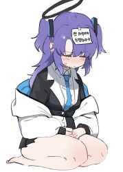 Rule 34 | 1girl, bare legs, barefoot, black skirt, blue archive, blue necktie, blush, breasts, closed mouth, full-face blush, halo, highres, hufy, jacket, jacket partially removed, medium breasts, multicolored clothes, multicolored jacket, necktie, paper on head, purple hair, school uniform, seiza, simple background, sitting, skirt, solo, sweatdrop, thick thighs, thighs, translated, two-tone jacket, two side up, white background, white jacket, yuuka (blue archive)
