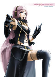 Rule 34 | 1girl, belt, blue eyes, boots, bracelet, breasts, chain, cleavage, fangs, fishnets, gloves, hagane luka, hagane vocaloid, jewelry, long hair, looking at viewer, megurine luka, momopanda, open mouth, pink hair, simple background, skirt, solo, spiked bracelet, spikes, studded belt, thigh boots, thighhighs, very long hair, vocaloid, whip