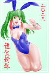 Rule 34 | 1girl, :d, animal ears, bare shoulders, blue bow, blue bowtie, blue leotard, bow, bowtie, breasts, cleavage, covered navel, cropped legs, gluteal fold, green eyes, green hair, hand up, highres, leotard, long hair, looking at viewer, medium breasts, minamoto80486, multicolored hair, open mouth, original, outline, playboy bunny, rabbit ears, red hair, sidelocks, smile, solo, strapless, strapless leotard, teeth, thigh gap, thighs, twintails, two-tone hair, upper teeth only, white outline, wrist cuffs