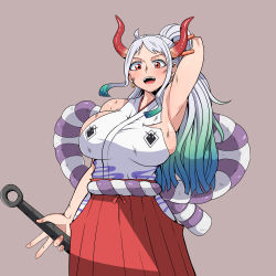 Rule 34 | 1girl, ahoge, arm at side, arm behind head, arm up, armpits, bare arms, bare shoulders, blue hair, breasts, club, club (weapon), curled horns, dirty, dirty clothes, fire breath01, green hair, grey background, hair ornament, hair stick, hakama, hakama skirt, high ponytail, holding, holding weapon, horns, huge breasts, japanese clothes, kanabou, kataginu, long hair, looking at viewer, multicolored hair, multicolored horns, one piece, oni, open mouth, red eyes, red horns, rope, scratches, shimenawa, sideboob, simple background, skindentation, skirt, smile, solo, torn clothes, very long hair, weapon, white hair, yamato (one piece)