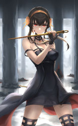 Rule 34 | 1girl, black dress, black hair, black thighhighs, blood, blood on face, bloody weapon, breasts, cleavage, closed mouth, covered navel, cowboy shot, dress, flower, hair between eyes, hair flower, hair ornament, hairband, highres, holding, holding weapon, medium breasts, red eyes, short dress, short hair with long locks, sidelocks, skyde kei, sleeveless, sleeveless dress, smile, solo, spy x family, standing, thighhighs, waist cape, weapon, yellow flower, yellow hairband, yor briar, zettai ryouiki