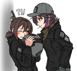 Rule 34 | !?, 2girls, bandana, baseball cap, black jacket, blush, brown eyes, brown hair, closed mouth, eye contact, gloves, gradient hair, green gloves, grey headwear, han yue ling, hand in pocket, hat, helmet, holding, holding helmet, jacket, kabedon, long sleeves, looking at another, mouth hold, multicolored hair, multiple girls, ndtwofives, one eye closed, original, parted lips, partially fingerless gloves, ponytail, profile, purple hair, short ponytail, unworn headwear, unworn helmet, white background, yuri