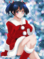 Rule 34 | 1girl, akichin (atelier baguri), blue eyes, blue hair, boots, fur-trimmed boots, fur-trimmed sleeves, fur trim, gloves, hair ribbon, kantai collection, long sleeves, red footwear, red gloves, red ribbon, ribbon, santa costume, sitting, smile, solo, souryuu (kancolle), twintails