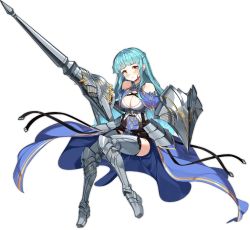 Rule 34 | 1girl, ark order, armor, armored boots, artist request, bare shoulders, black corset, black thighhighs, blue cape, blue hair, boots, bra, braid, breasts, cape, closed mouth, corset, full body, gareth (ark order), grey footwear, holding, holding shield, holding weapon, large breasts, long hair, official art, shield, sitting, solo, tachi-e, thigh boots, thighhighs, transparent background, underwear, weapon, white bra, yellow eyes