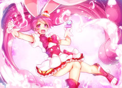 Rule 34 | 10s, 1girl, :d, animal ears, bow, rabbit ears, cake hair ornament, choker, corset, cure whip, dress, earrings, feathers, food, food-themed hair ornament, fruit, full body, gloves, hair ornament, happy, kirakira precure a la mode, long hair, looking at viewer, magical girl, open mouth, pink background, pink bow, pink choker, pink eyes, pink footwear, pink hair, pink theme, pom pom (clothes), pom pom earrings, precure, puffy sleeves, revision, satou (kuso-neet), shoes, smile, solo, strawberry, twintails, usami ichika, white dress, white gloves
