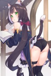 Rule 34 | 1girl, animal ear fluff, animal ears, ass, bare shoulders, black hair, black panties, black thighhighs, blush, book, bow, cat ears, cat girl, cat tail, commentary request, cowboy shot, detached sleeves, dress, fingernails, frilled sleeves, frills, from behind, green eyes, hair bow, hair ornament, highres, holding, holding book, karyl (princess connect!), long fingernails, long hair, long sleeves, looking at viewer, looking back, low twintails, multicolored hair, open book, open mouth, panties, princess connect!, red bow, sho bu 1116, signature, sleeveless, sleeveless dress, solo, standing, streaked hair, sweatdrop, tail, thighhighs, twintails, underwear, very long hair, white hair, wide sleeves
