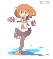 Rule 34 | 10s, 1girl, artist name, brown eyes, brown hair, commentary request, fang, hair ornament, hairclip, hanomido, holding, holding poke ball, ikazuchi (kancolle), kantai collection, neckerchief, open mouth, outstretched arm, poke ball, pokedex, pokemon, school uniform, serafuku, short hair, skirt, solo, thighhighs, water, z flag