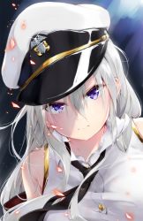 Rule 34 | 1girl, 3:, azur lane, bare shoulders, black necktie, buttons, closed mouth, collared shirt, enterprise (azur lane), glint, gold trim, hair between eyes, hat, highres, long hair, looking at viewer, military hat, necktie, off shoulder, peaked cap, purple eyes, shirt, sidelocks, silver hair, sleeveless, sleeveless shirt, solo, t-bth, upper body, white hat, white shirt