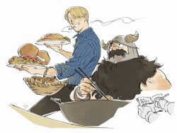Rule 34 | 2boys, bare shoulders, basket, beard, black hair, black pants, blonde hair, blue shirt, boned meat, book, bread, chopsticks, cigarette, collared shirt, commentary, covered mouth, crossover, dam (okdam3), deep frying, dungeon meshi, dwarf, english commentary, facial hair, facial mark, fake horns, food, forehead mark, fur trim, height difference, helmet, highres, holding, holding chopsticks, holding plate, horned helmet, horns, long beard, long sleeves, looking at another, looking at viewer, looking back, male focus, meat, mouth hold, multiple boys, mustache, notebook, one piece, open book, pants, pasta, pie, plate, sanji (one piece), senshi (dungeon meshi), shirt, short hair, sleeves rolled up, smoke, smoking, spaghetti, stubble, trait connection, walking, writing