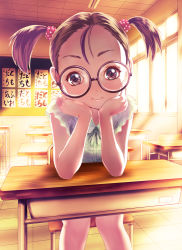 Rule 34 | 1girl, brown eyes, brown hair, ceiling, chalkboard, child, classroom, desk, elbows on table, forehead, glasses, indoors, looking at viewer, non (6nezuuyamar9), original, school desk, short twintails, sitting, solo, twintails