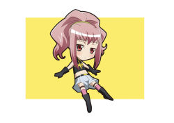Rule 34 | 00s, 1girl, anya alstreim, belt, black gloves, border, chibi, code geass, elbow gloves, full body, gloves, looking at viewer, paopa ship, pink hair, ponytail, red eyes, shorts, sidelocks, simple background, solo, thighhighs, yellow background