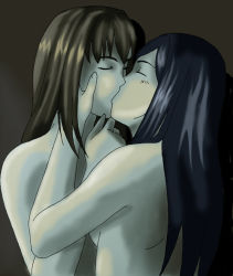 Rule 34 | 00s, 2girls, black hair, brown hair, dark, from side, fujino shizuru, hand on another&#039;s chin, hands on another&#039;s face, kiss, kuga natsuki, long hair, multiple girls, my-hime, nude, yuri