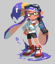 Rule 34 | 1girl, badge, bike shorts, blunt bangs, button badge, closed mouth, dark-skinned female, dark skin, eyebrows hidden by hair, full body, goggles, goggles on head, grey background, hand on own hip, highres, inkbrush (splatoon), inkling, inkling girl, inkling player character, jacket, legs apart, long hair, long sleeves, mask, nichi (hibi suimin), nintendo, no nose, over shoulder, paint, paintbrush, pointy ears, purple hair, red footwear, shoes, smile, solo, squid, standing, tentacle hair, very long hair, white jacket, yellow eyes