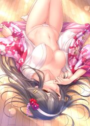 Rule 34 | 1girl, absurdres, alternate costume, black hair, breasts, covered erect nipples, flower, from above, fundoshi, hair flower, hair ornament, hairband, hairclip, haruna (kancolle), highres, japanese clothes, kantai collection, kimono, large breasts, long hair, looking at viewer, lying, on back, open clothes, open kimono, pink kimono, ryu-akt, socks, solo, white hairband, white socks