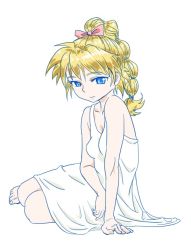 Rule 34 | 1girl, blonde hair, blue eyes, braid, breasts, chrono cross, cleavage, commentary request, dress, kid (chrono cross), long hair, looking at viewer, multi-tied hair, ponytail, s-a-murai, single braid, smile, solo