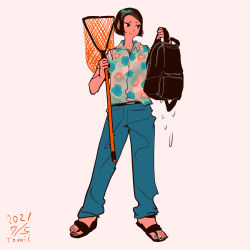 Rule 34 | 1girl, absurdres, backpack, bag, black hair, blue nails, blue pants, butterfly net, collared shirt, dated, dripping, hand net, highres, holding, holding bag, holding butterfly net, nail polish, original, pants, print shirt, sandals, shirt, short hair, short sleeves, signature, simple background, smile, solo, tomidoron, wet, white background