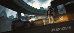 Rule 34 | 2girls, absurdres, arknights, bare legs, belt, belt pouch, black belt, black coat, black gloves, black horns, black legwear, black shorts, black skirt, black sleeves, black wings, blue eyes, blue hair, building, city, cityscape, cloud, cloudy sky, coat, commentary, concrete, copyright name, crossed ankles, de4d fish, demon horns, demon tail, energy wings, english commentary, exusiai (arknights), fingerless gloves, gloves, grey background, hair over one eye, halo, harbor, headlight, highres, highway, horns, jacket, jeep, lamppost, leaning on object, looking at viewer, miniskirt, mostima (arknights), motor vehicle, multiple girls, outdoors, overpass, pouch, red eyes, red hair, red ribbon, ribbon, scenery, shipping container, shirt, short hair, short shorts, shorts, shoulder strap, skirt, sky, sleeves pushed up, standing, tail, white jacket, white shirt, wide shot, wings