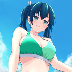 Rule 34 | 1girl, bare arms, bare shoulders, bikini, blue eyes, blue hair, blush, breasts, cleavage, closed mouth, collarbone, green bikini, hair between eyes, hair ribbon, highres, kantai collection, large breasts, long hair, ribbon, smile, solo, sosser, souryuu (kancolle), swimsuit, twitter username, upper body, white ribbon