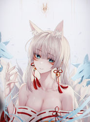 Rule 34 | 1girl, animal ears, blue eyes, breasts, cleavage, darang, dress, extra ears, fox, fox ears, fox girl, grimlight, highres, japanese clothes, kimono, long hair, looking at viewer, marking on cheek, parted lips, smile, solo, tamamo no mae (grimlight), teeth, white hair