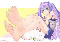 Rule 34 | 1girl, a-soul, aqua eyes, ava (a-soul), barefoot, blue eyes, feet, handheld game console, highres, light purple hair, long hair, parted lips, soles, toes, twintails