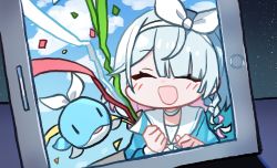 Rule 34 | absurdres, animal, arona (blue archive), blue archive, blue eyes, blue hair, cloud, hairband, highres, holding, holding party popper, ipad, neckerchief, night, party popper, school uniform, tablet pc, whale, white hairband, white neckerchief, window